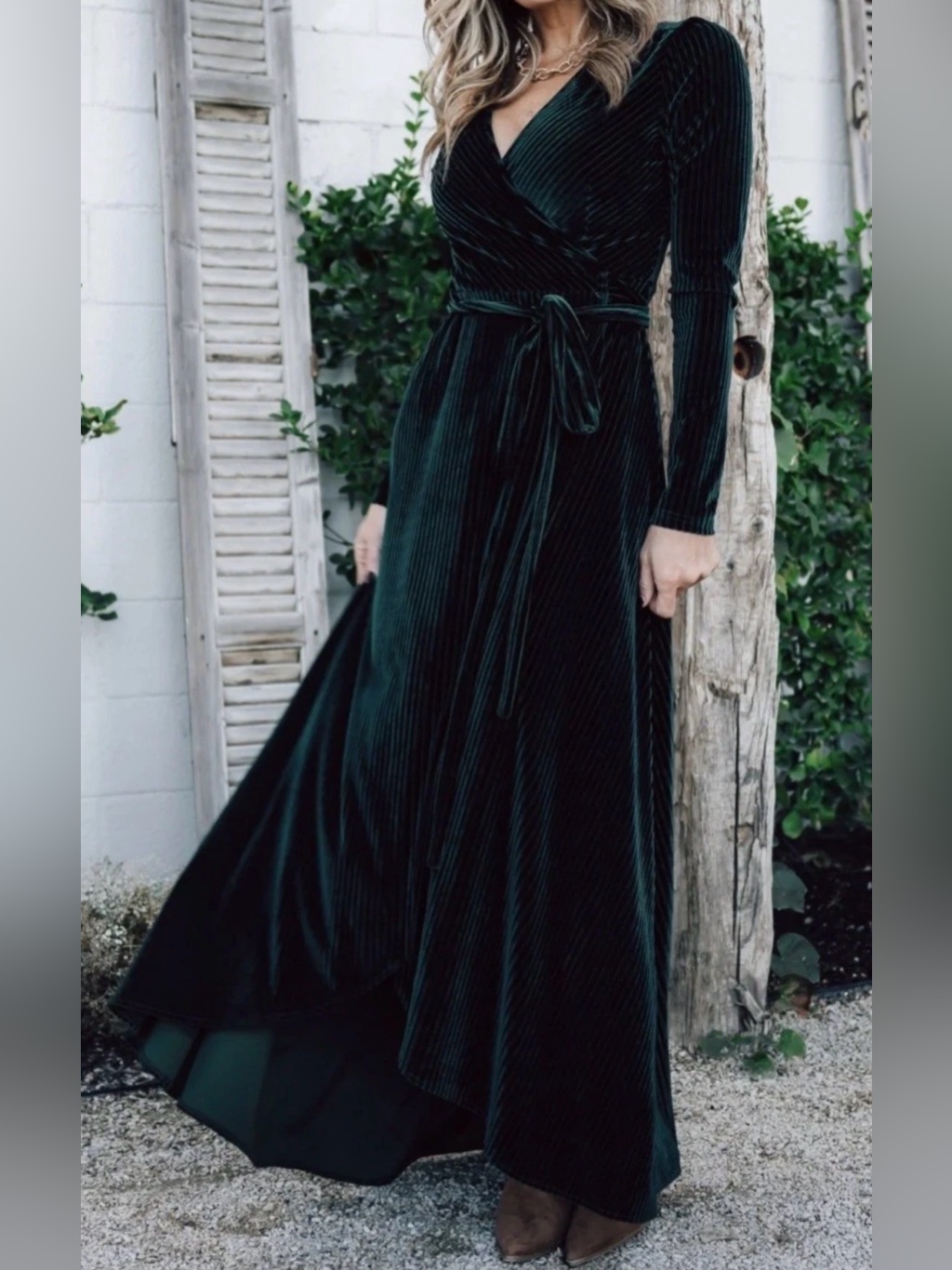 Nwt Baltic Born Jada Ribbed Velvet Wrap Maxi Dress Dark Green Long Sleeve Sz M